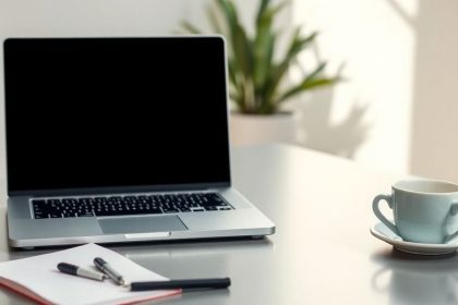 A modern workspace with a laptop and coffee cup.