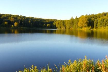 Serene lake surrounded by greenery in warm sunlight.