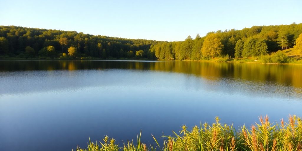 Serene lake surrounded by greenery in warm sunlight.