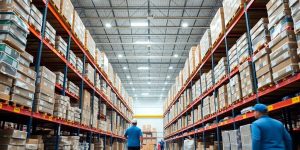 Warehouse interior with organized shelves and packages.