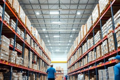 Warehouse interior with organized shelves and packages.