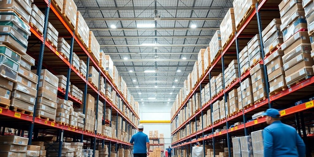 Warehouse interior with organized shelves and packages.