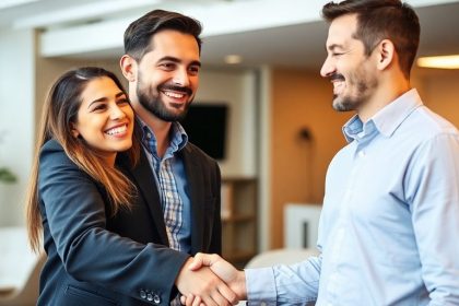 Two professionals shaking hands in an office setting.