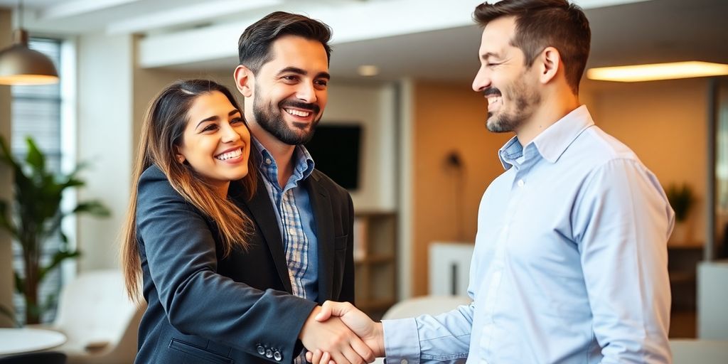 Two professionals shaking hands in an office setting.