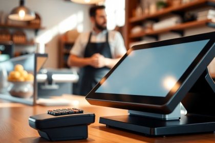 Modern POS system on a wooden counter in a cafe.