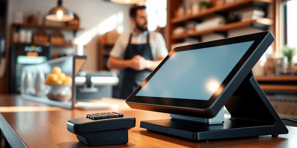 Modern POS system on a wooden counter in a cafe.