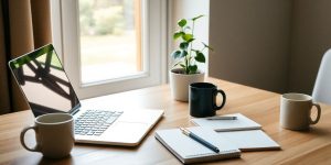 Cozy home office with laptop, notepad, and coffee mug.