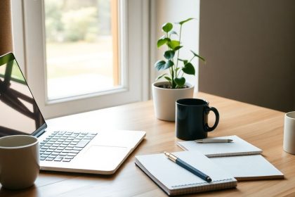 Cozy home office with laptop, notepad, and coffee mug.